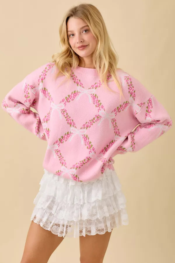 LL21003 Coquette Ribbon Floral Sweater