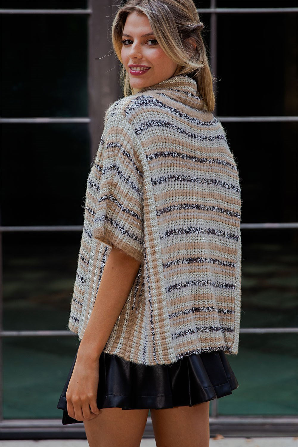 SH12980 Striped Boucle Turtleneck Sweater