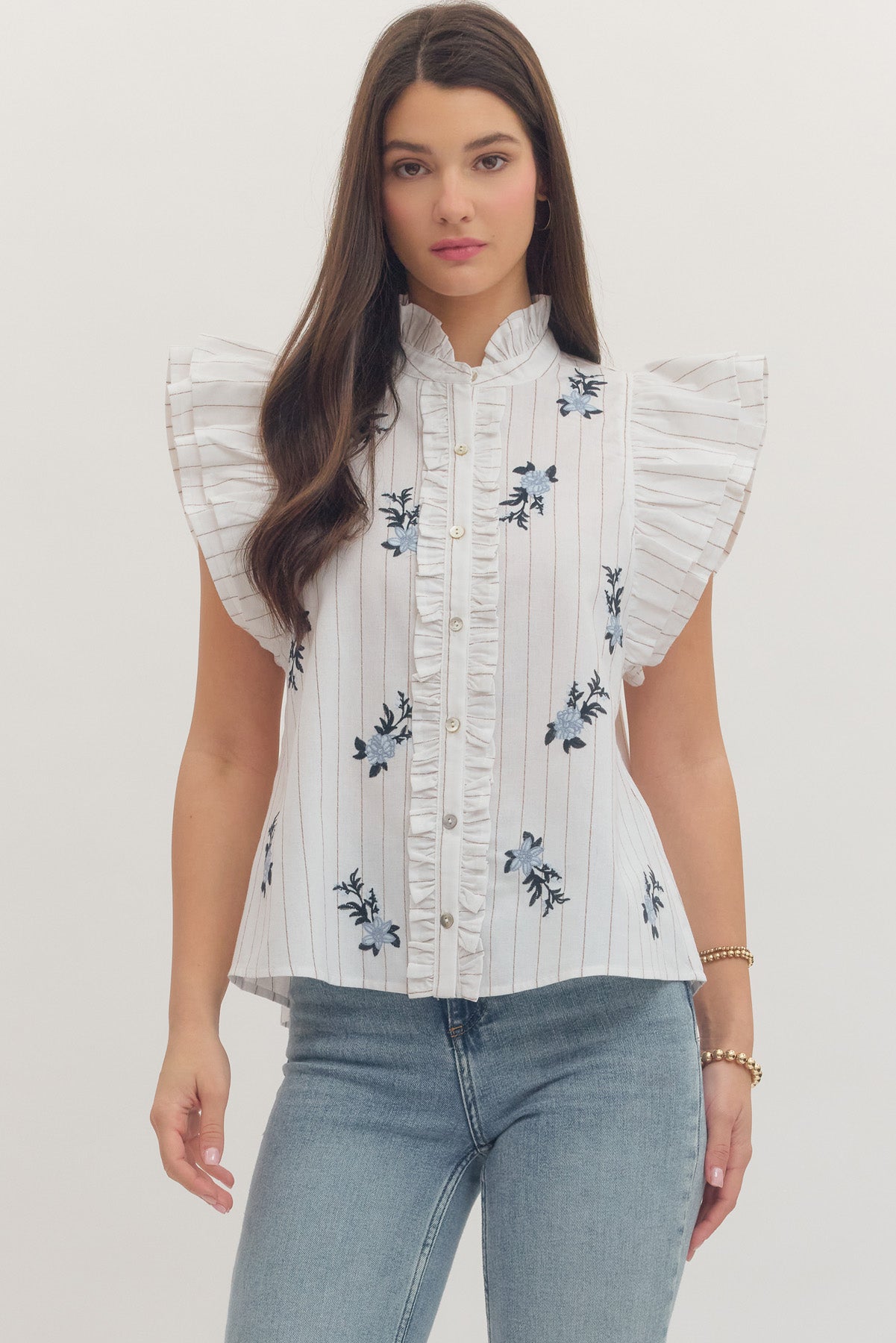 T30764 Embroidered Flutter Sleeve Top