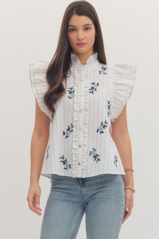 T30764 Embroidered Flutter Sleeve Top