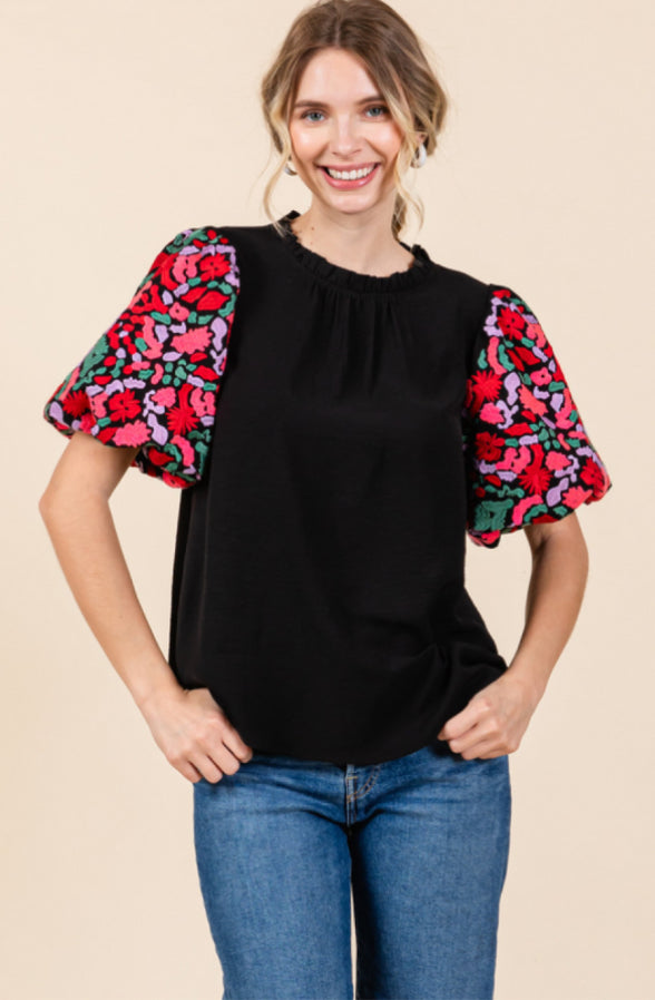 H11306 Embroidered Puff Sleeve Top