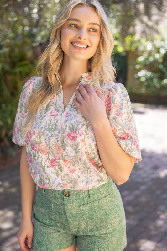 37009 Textured Floral Print Top