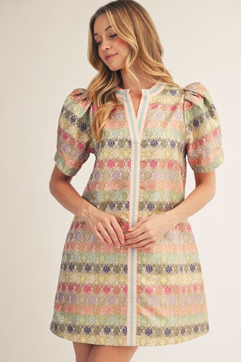 J7013 Floral Jacquard Dress