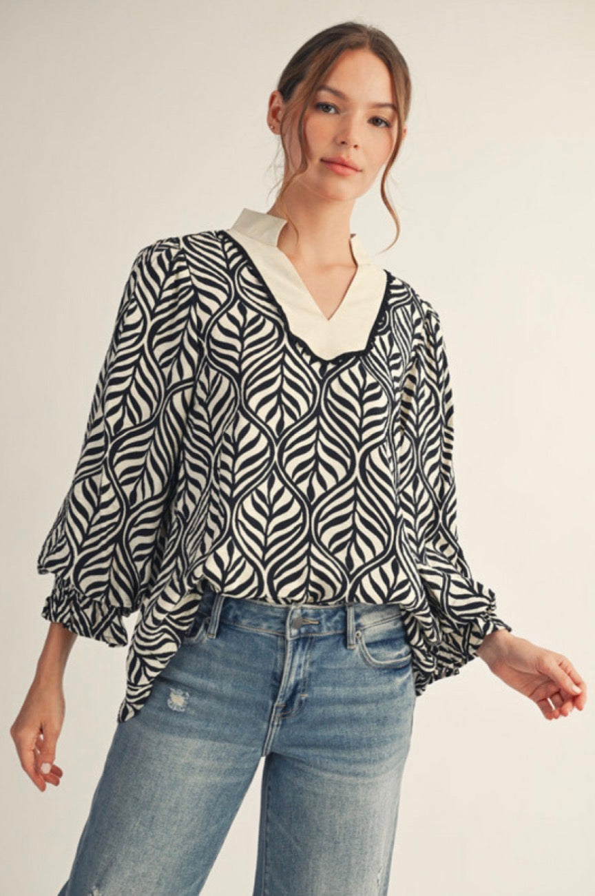 H50038 3/4 Sleeve Boho Leaf Print Top