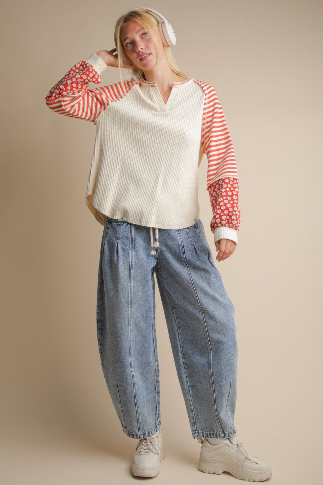 NT12307 Oversized Floral and Stripe Top