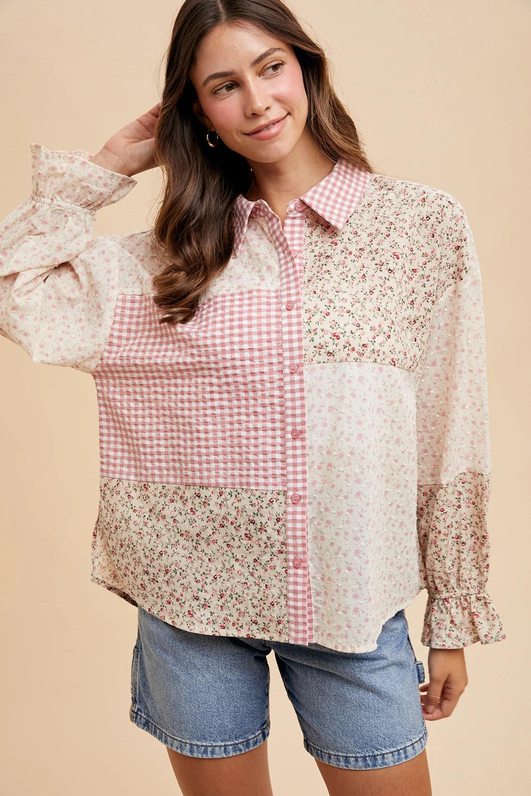 AT3070S Multi Print Colorblock Button Down Top