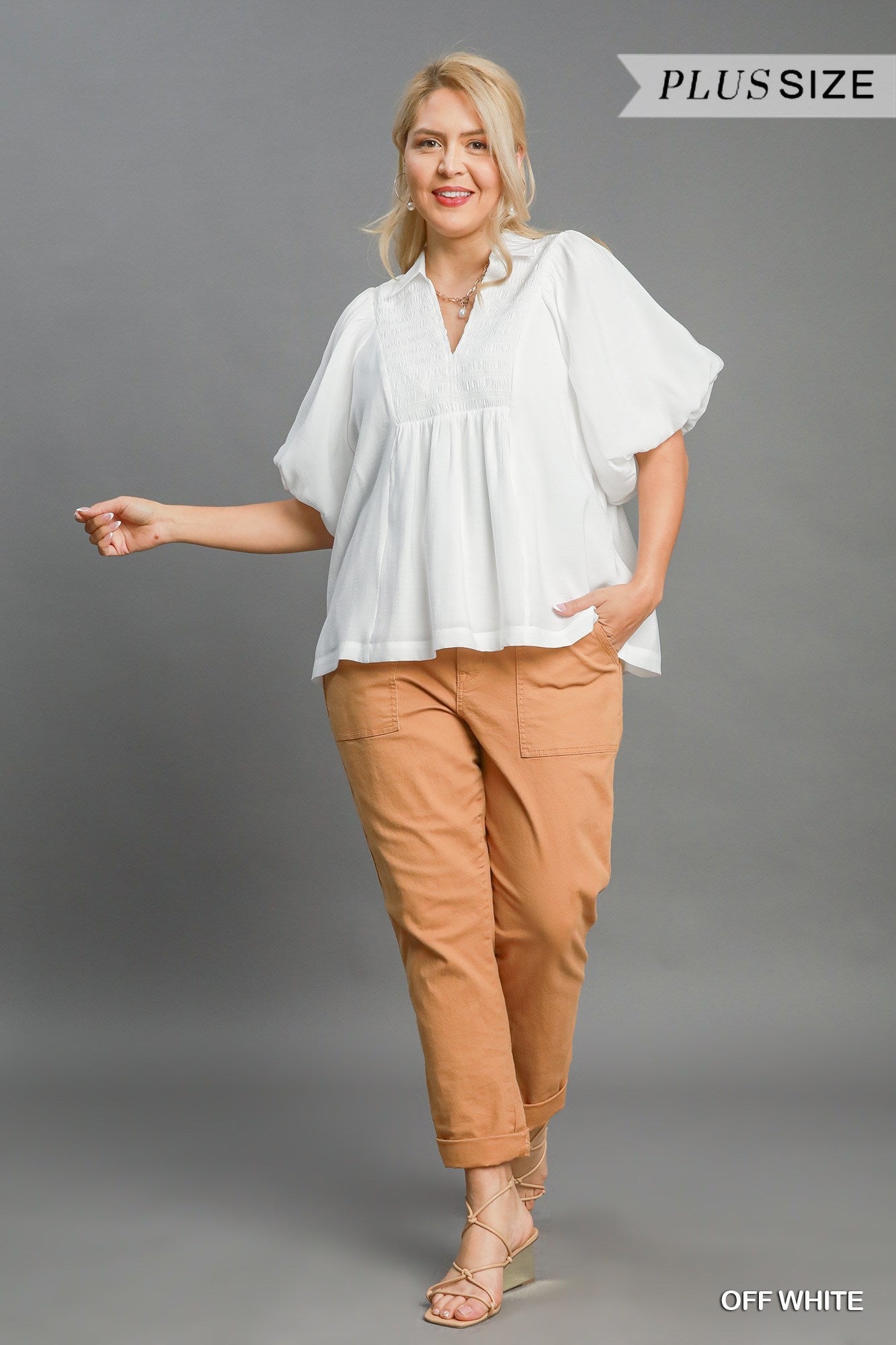 WK9499 Curvy Solid Bubble Sleeve Top