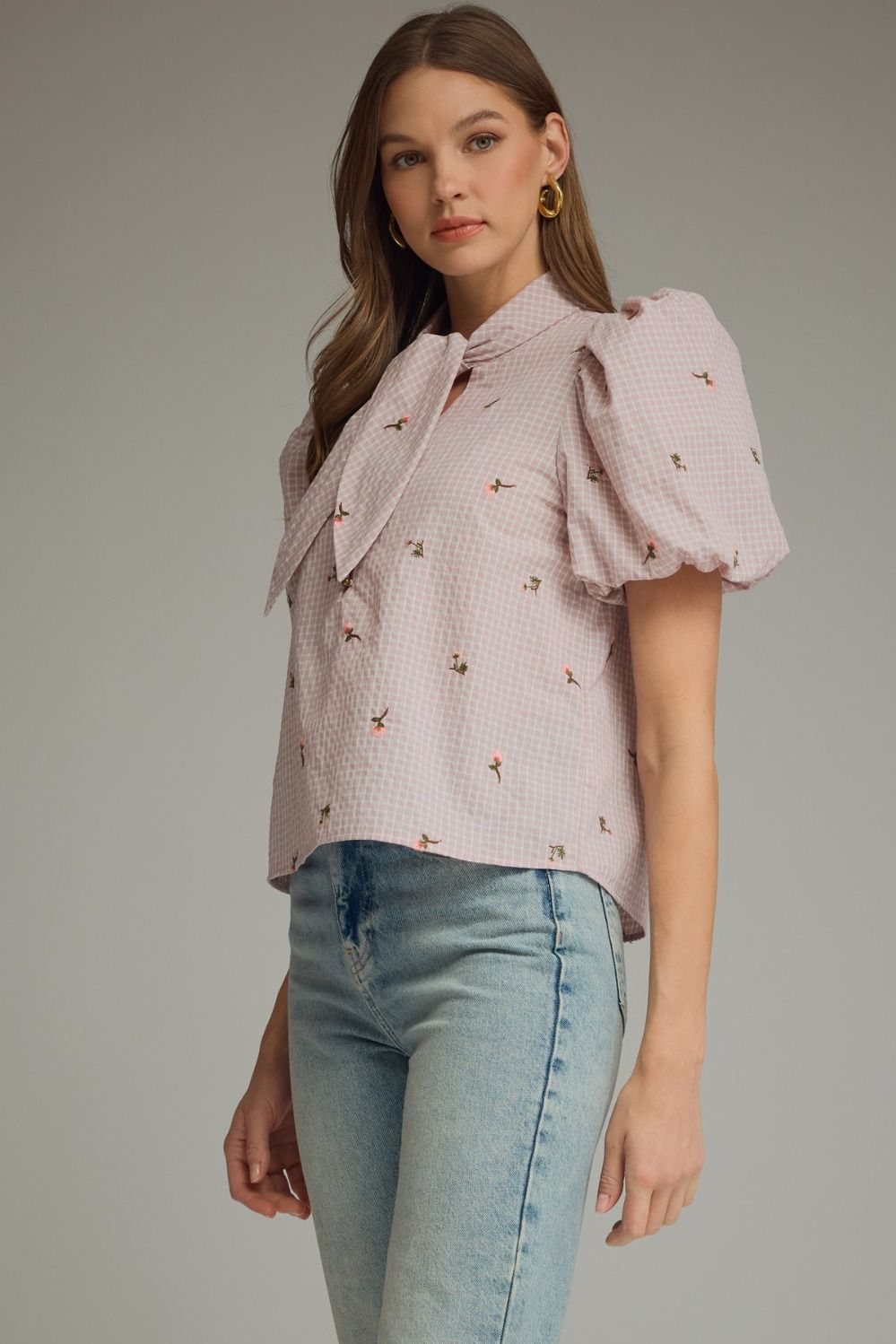 T32554 Checkered Floral Embroidered Top