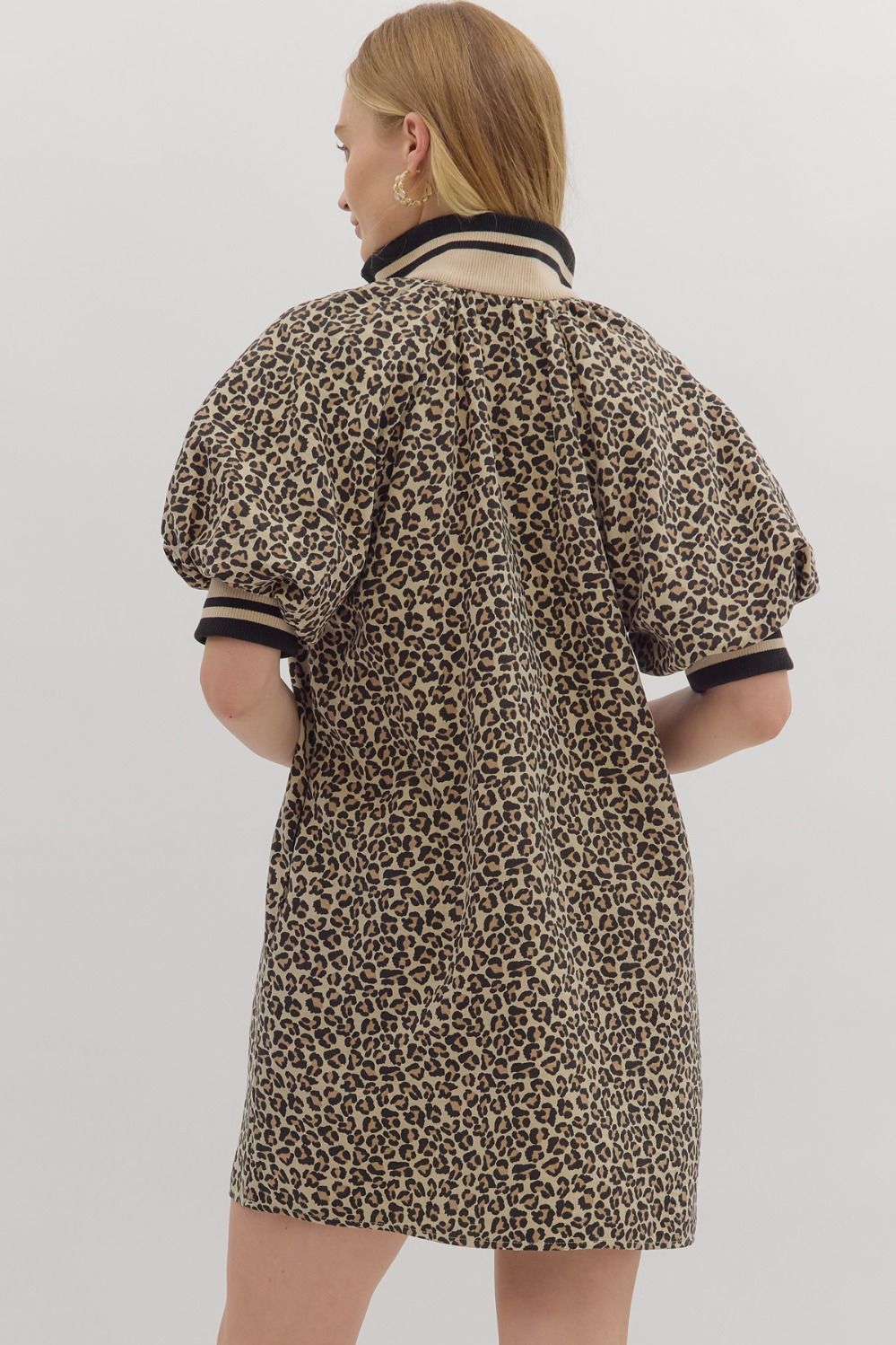 D28113 Leopard Print Puff Sleeve Mini Dress