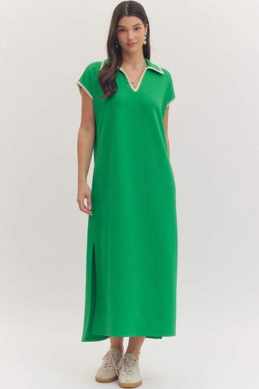 D31369 Solid Contrast Trim Midi Dress