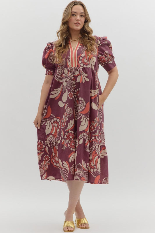 D27146P Curvy Paisley Pattern Midi Dress