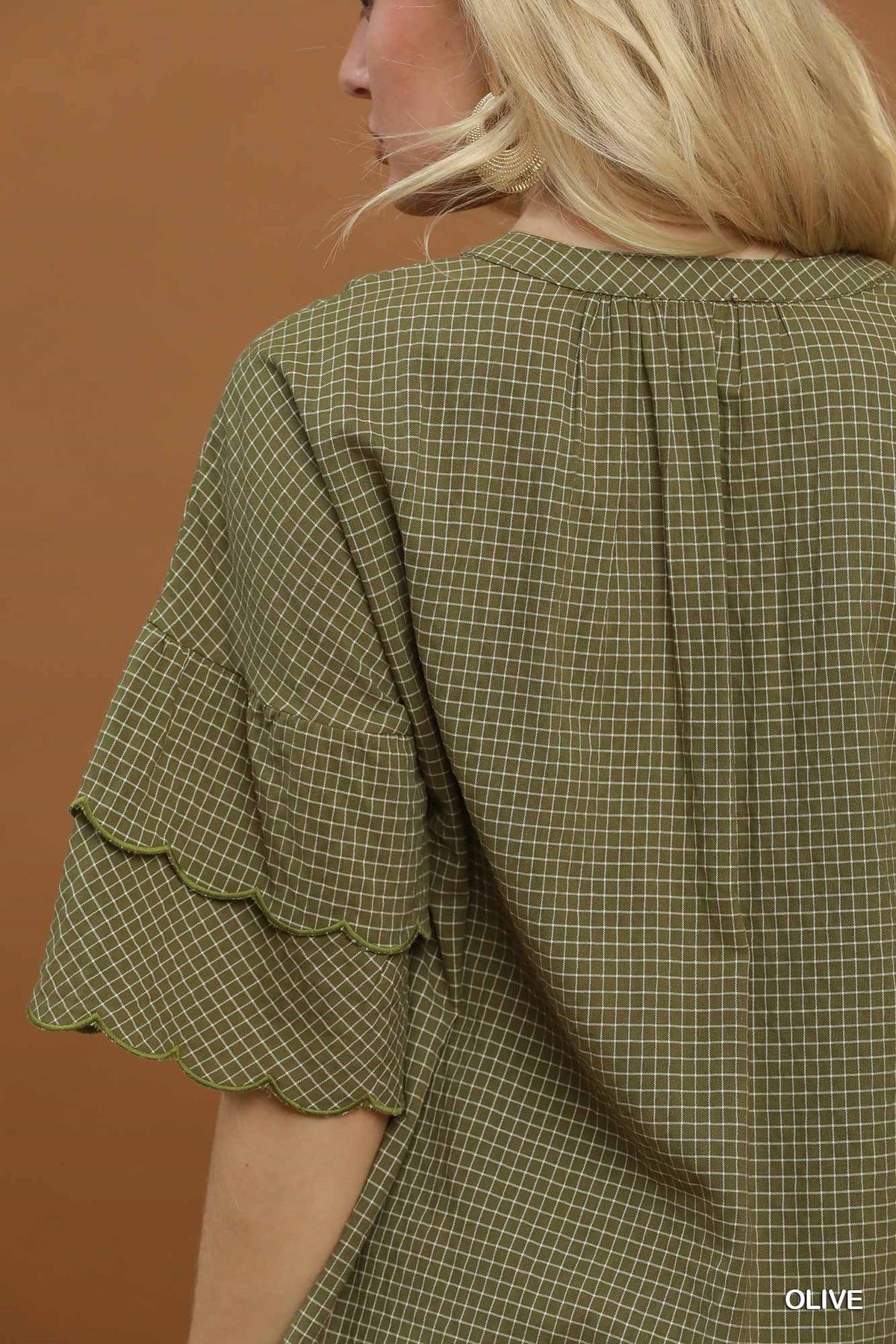 N7120 Checkered Top with Tiered Ruffle Sleeves