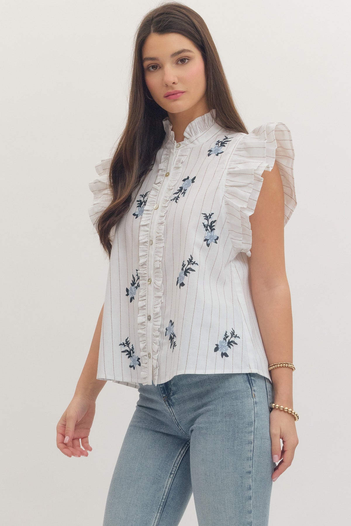 T30764 Embroidered Flutter Sleeve Top