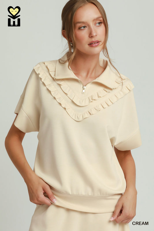 H1085-T Ruffle Quarter Zip Top
