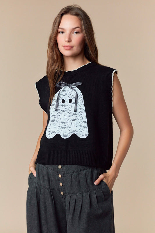 IKT801015-01 Ghost Lace Patch Sweater Vest