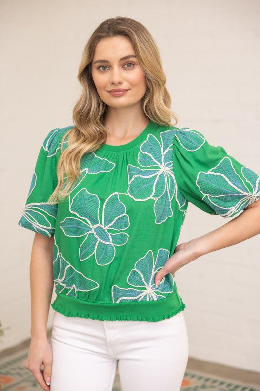 36711 Contrast Band Detailed Floral Embroidery Top