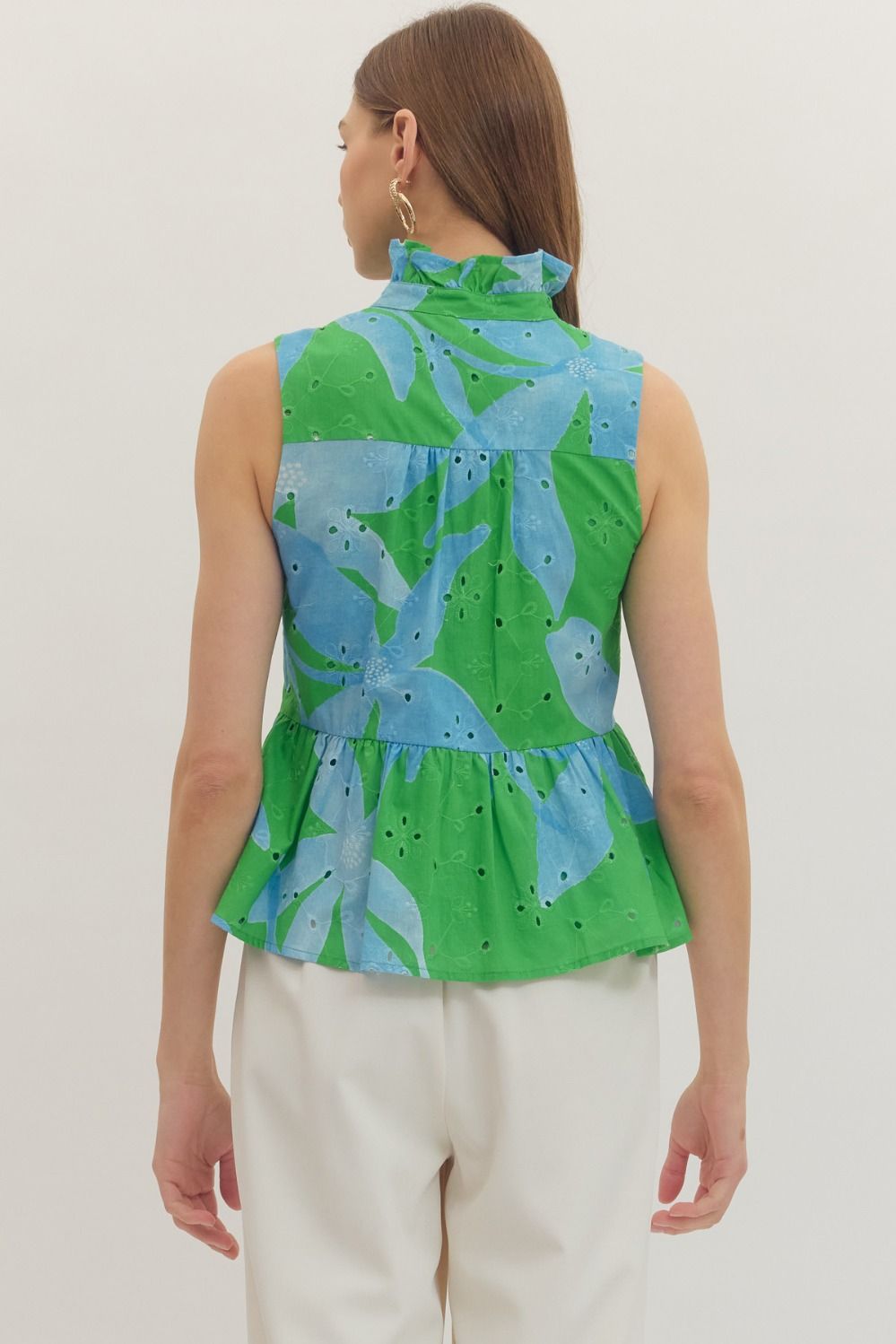 T30890 Botanical Print Sleeveless Peplum Top