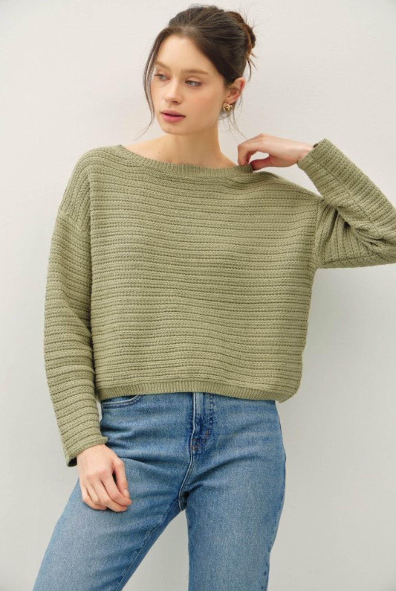 65257 Boat Neck Textured Stripe Sweater