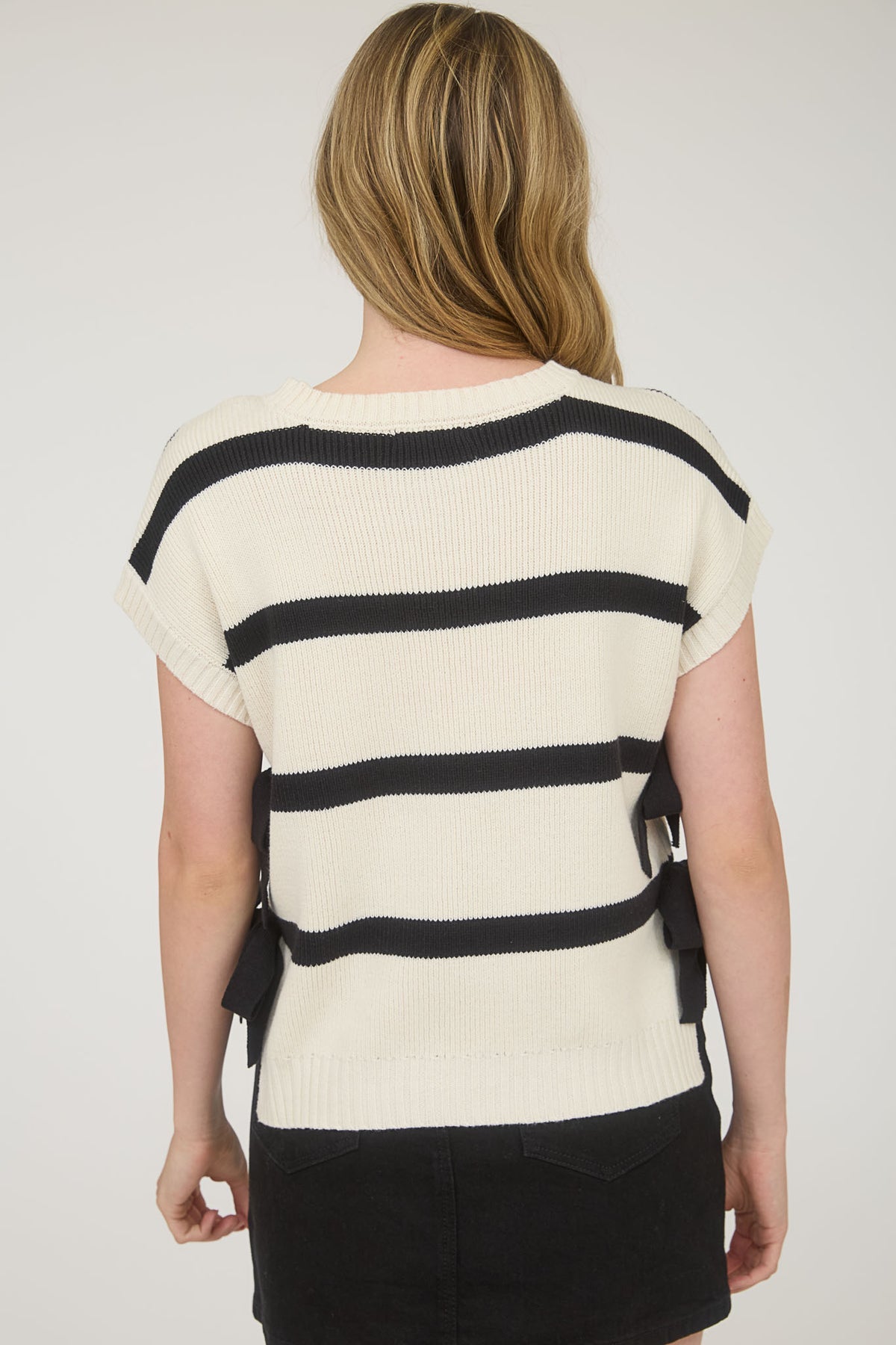 CR2704 Stripe Side Tie Short Sleeve Sweater