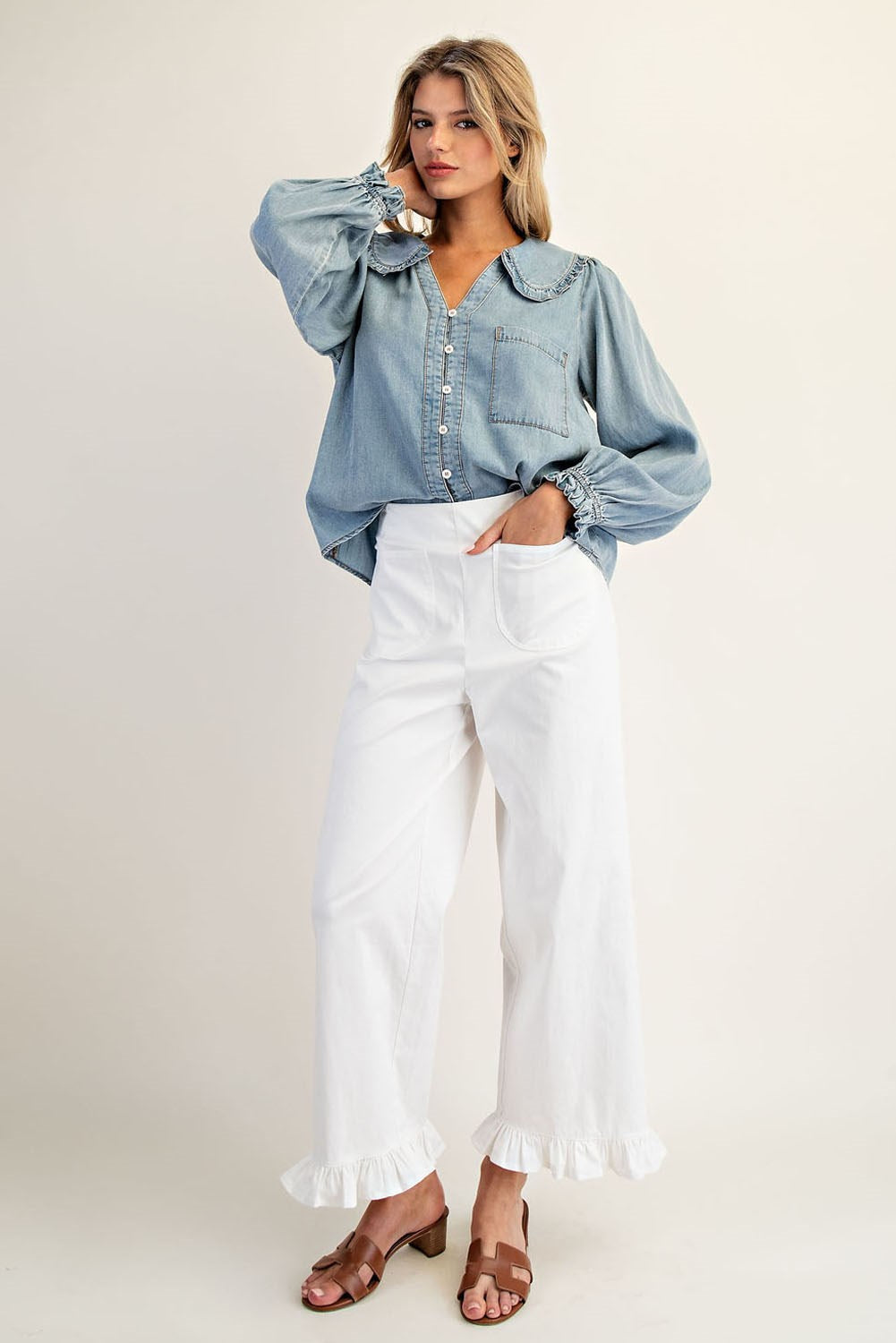PK14534 Straight Leg Ruffled Hem Pants
