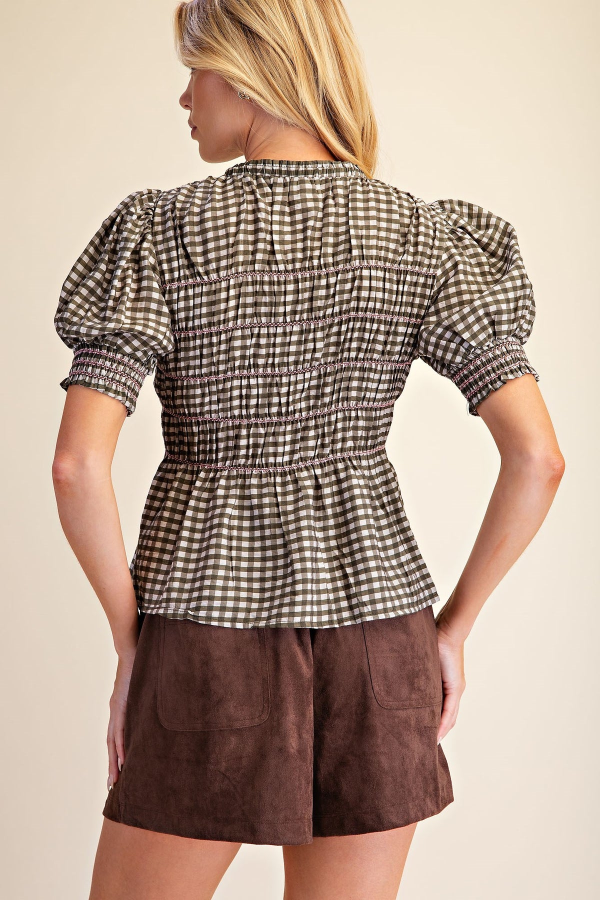 T9306 Plaid Smocked Puff Sleeve Top