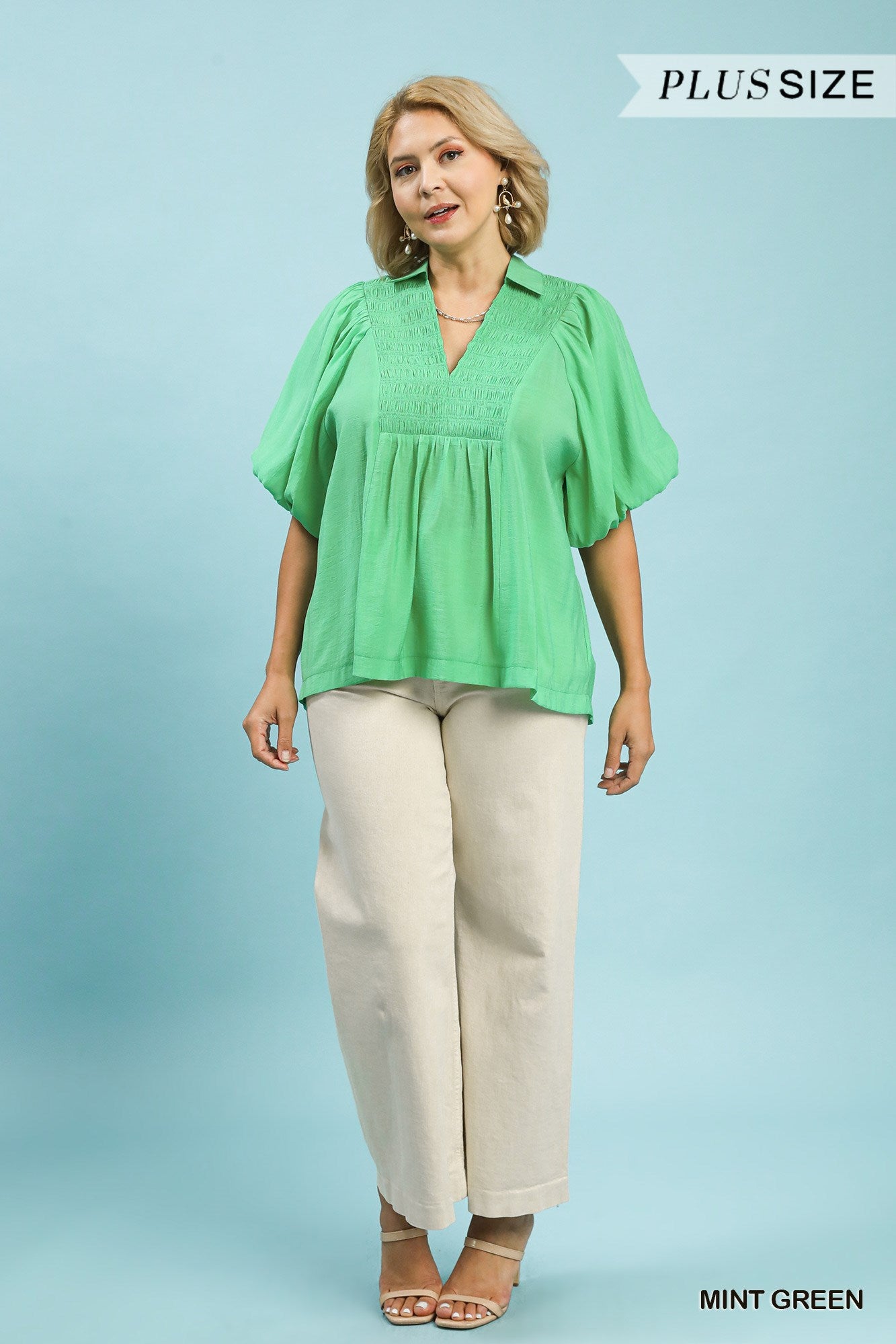 WK9499 Curvy Solid Bubble Sleeve Top