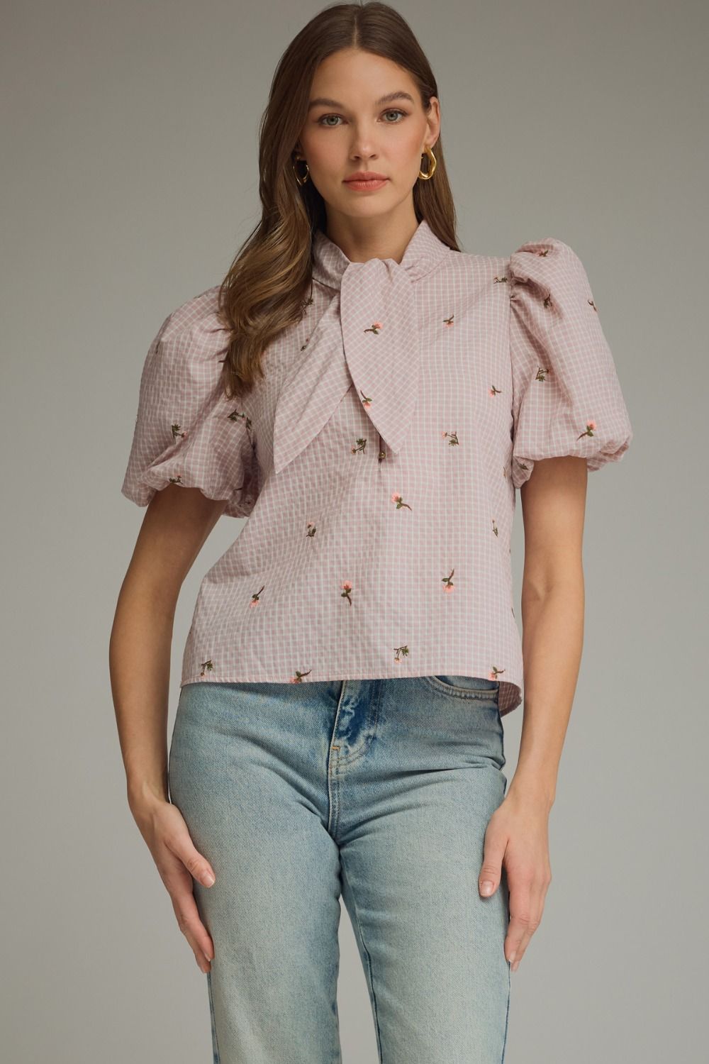 T32554 Checkered Floral Embroidered Top