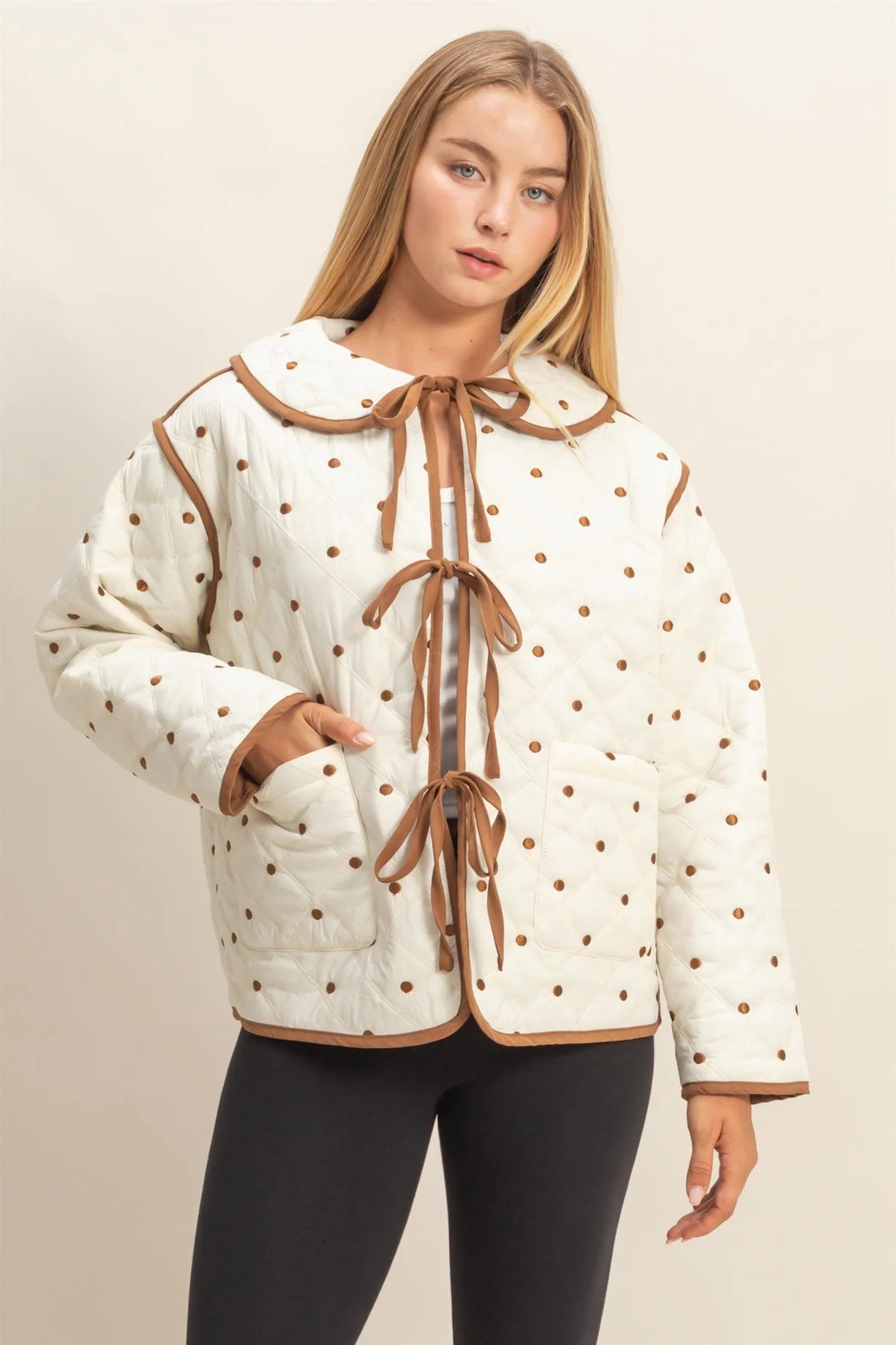 HF26A086 Polkadot Quilted Front Tie Jacket