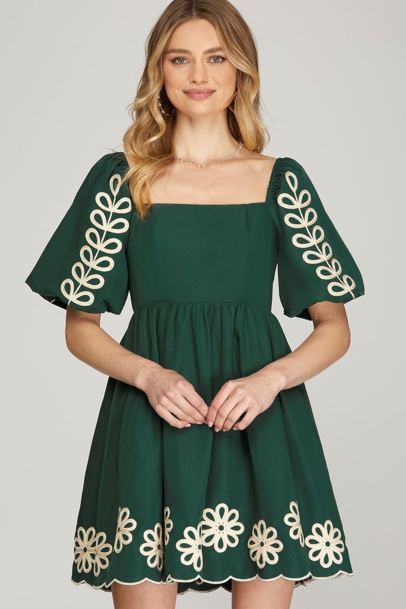 SY7250 Puff Sleeve Embroidered Dress