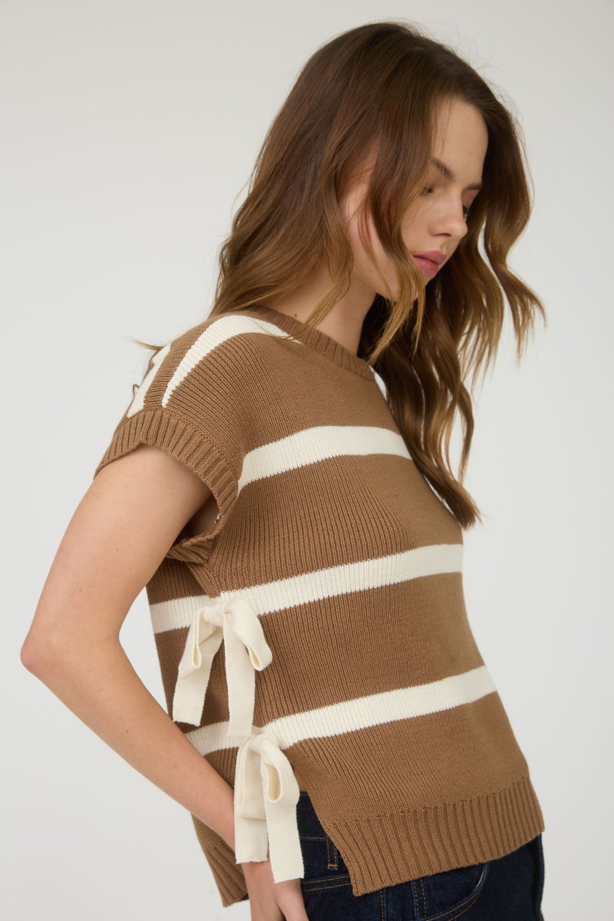 CR2704 Stripe Side Tie Short Sleeve Sweater