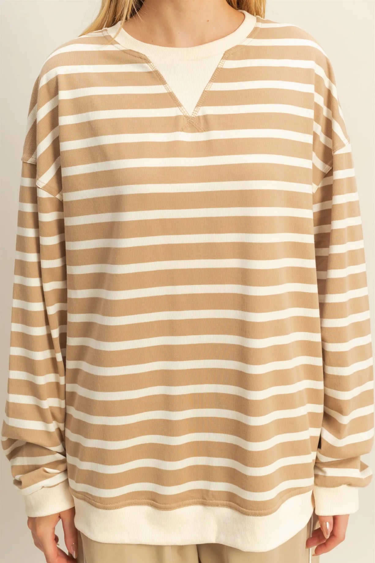 HF25F060 Striped Long Sleeve Tee with Contrast Hem