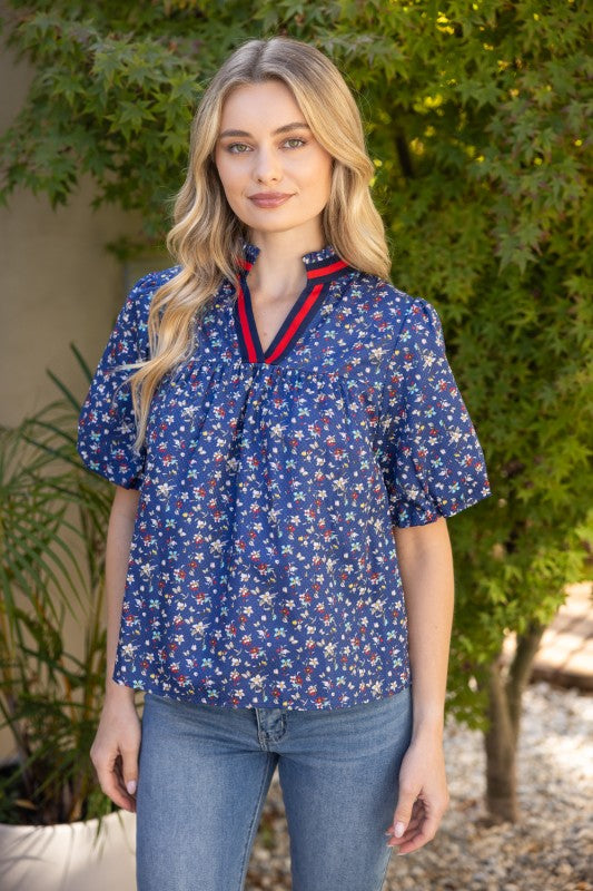 36257 Multicolor Striped Trim Detailed Floral Top