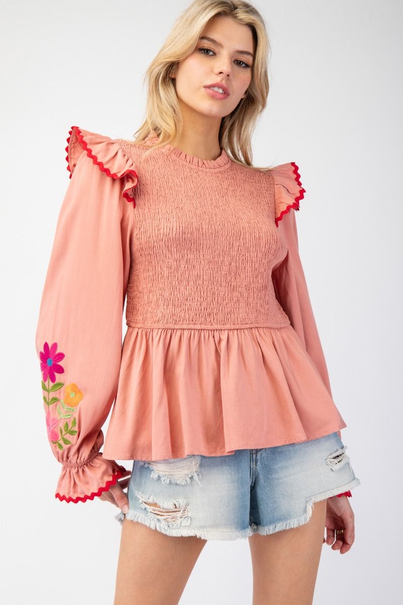 ET71136 Smocked Bodice Peplum Top