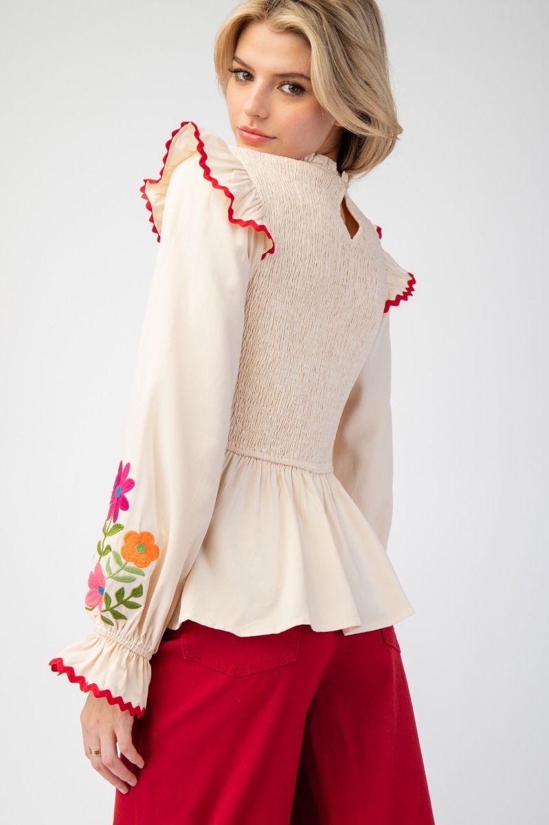 ET71136 Smocked Bodice Peplum Top