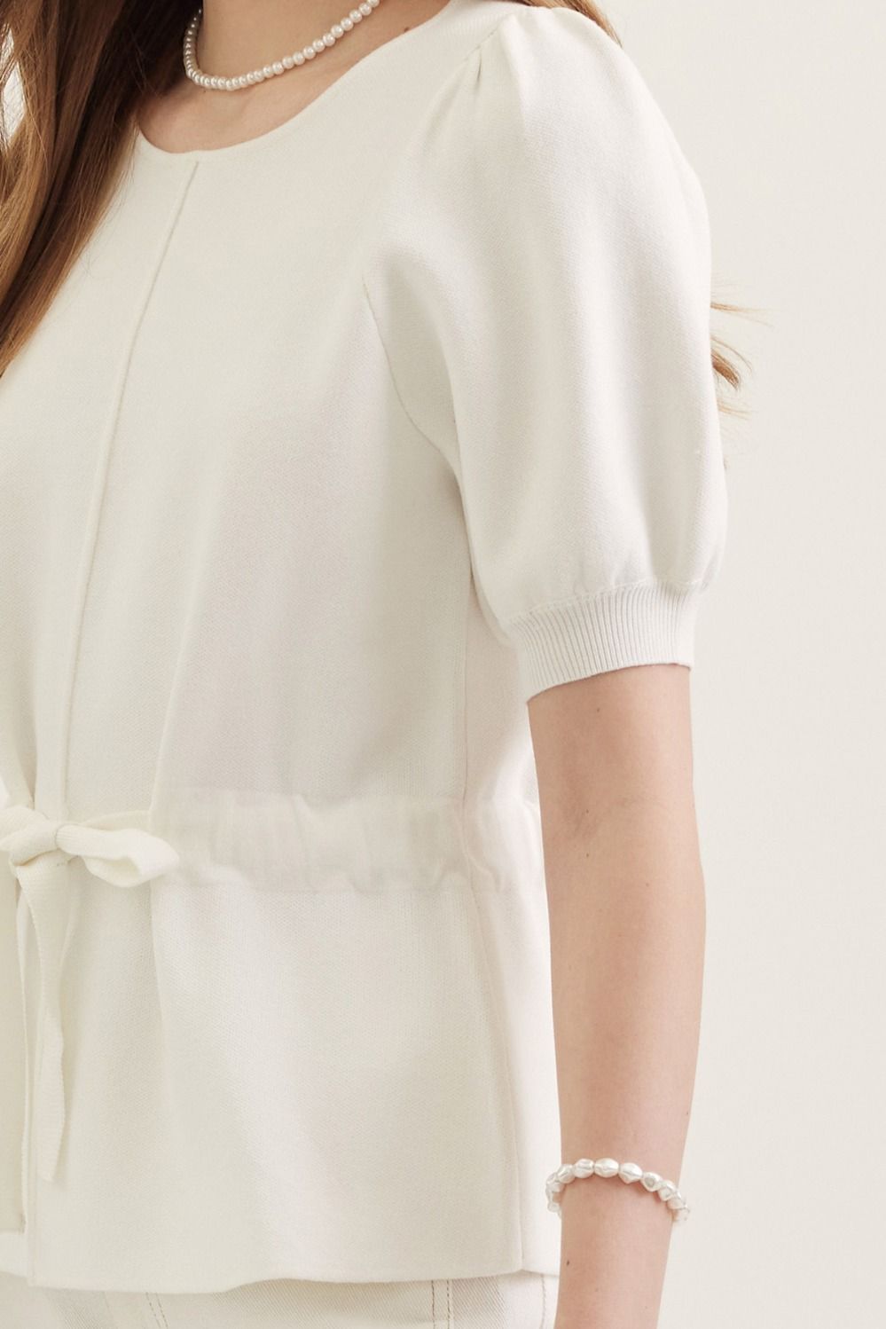 T30303 Solid Self Tie Waist Detail Top