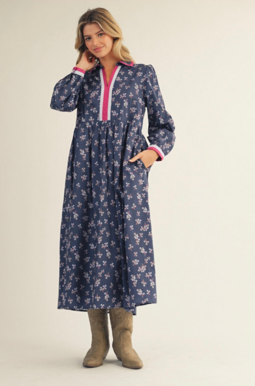 H12602 Long Sleeve Floral Midi Dress