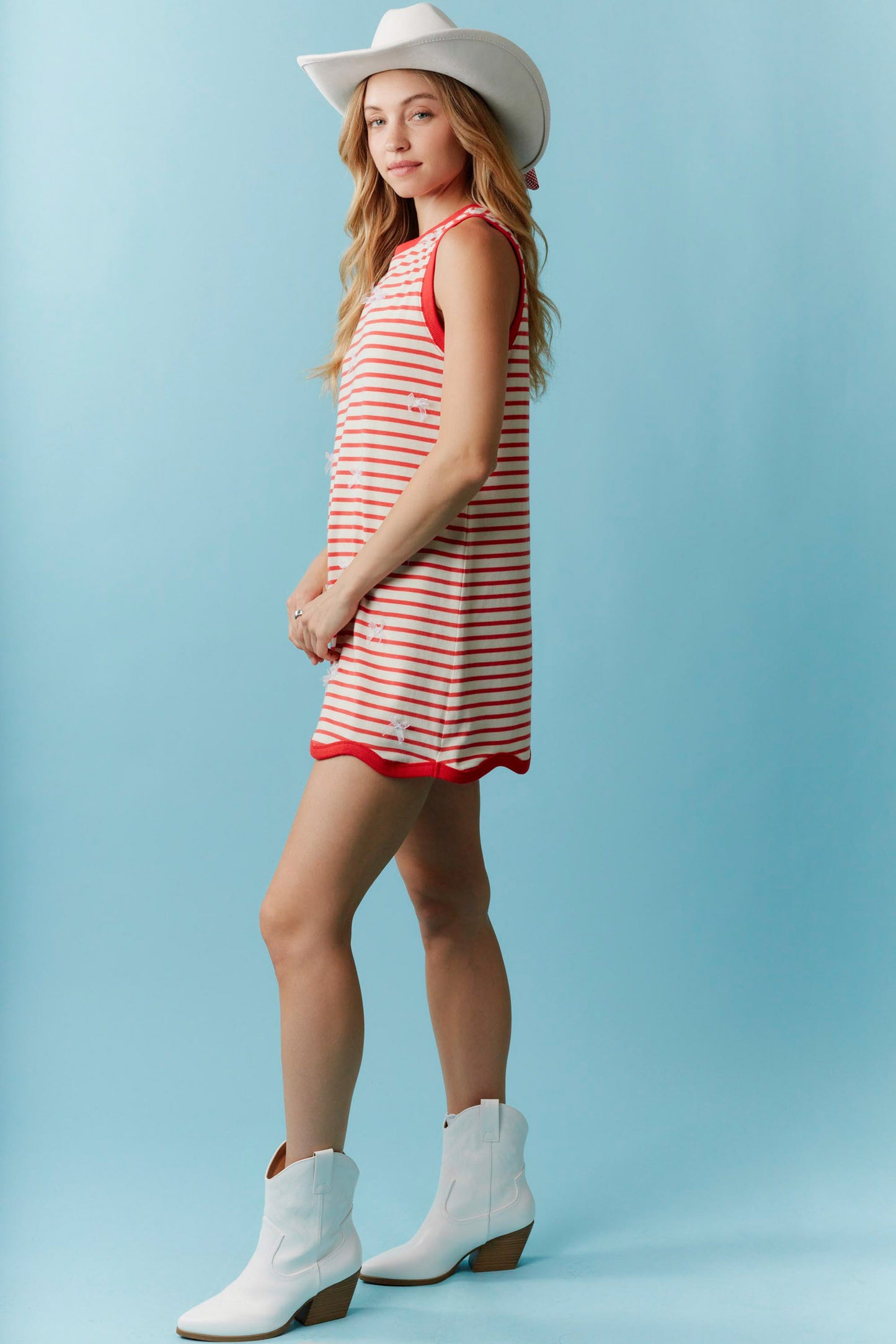 IKD39915-01 Sleeveless Bow Detail Striped Dress