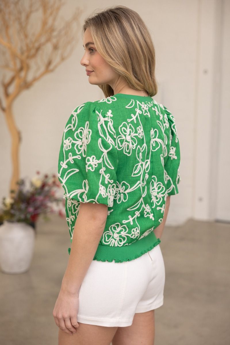 35867 Floral Embroidered Short Bubble Sleeve Top