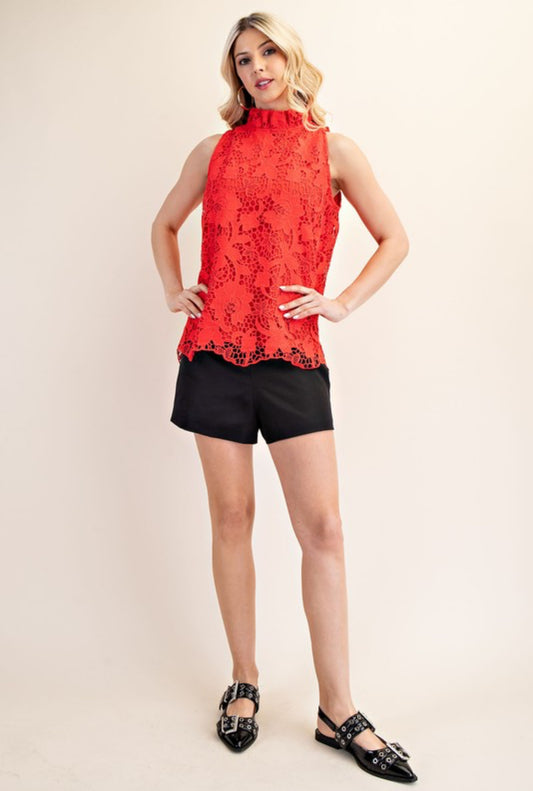 GT6642 Ruffle Neck Sleeveless Lace Top