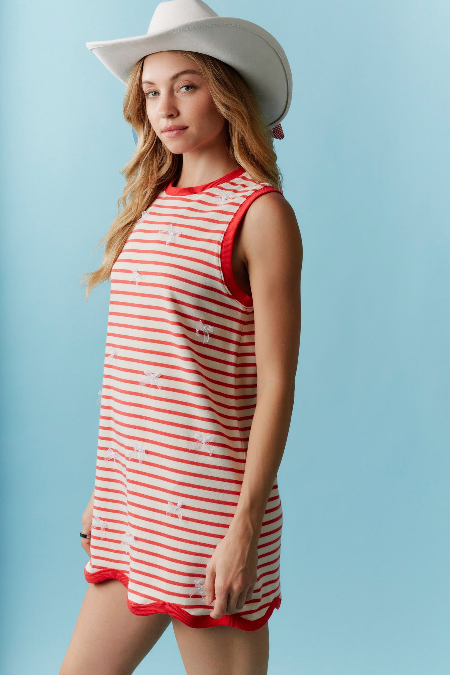 IKD39915-01 Sleeveless Bow Detail Striped Dress