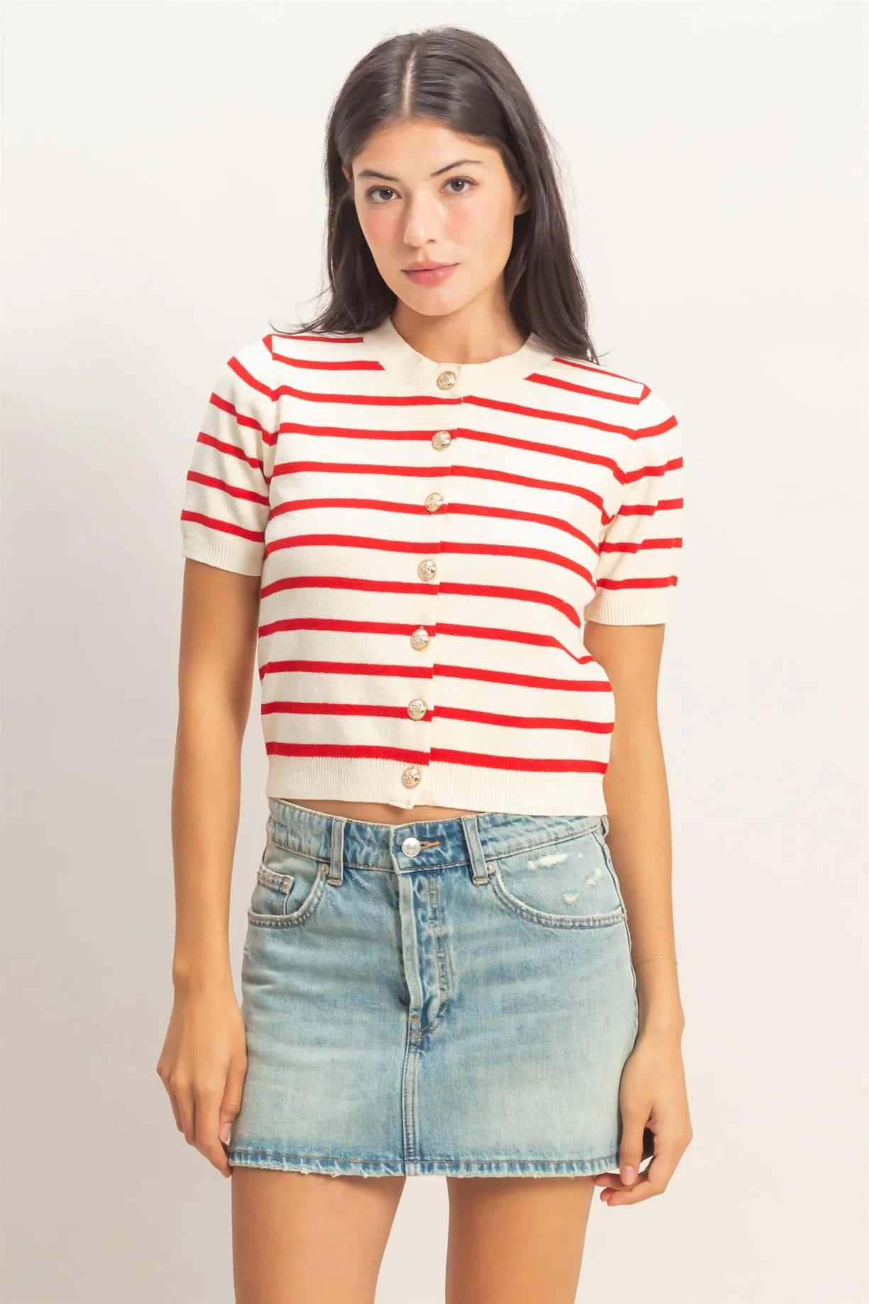 DZ26A604 Striped Short Sleeve Cardigan