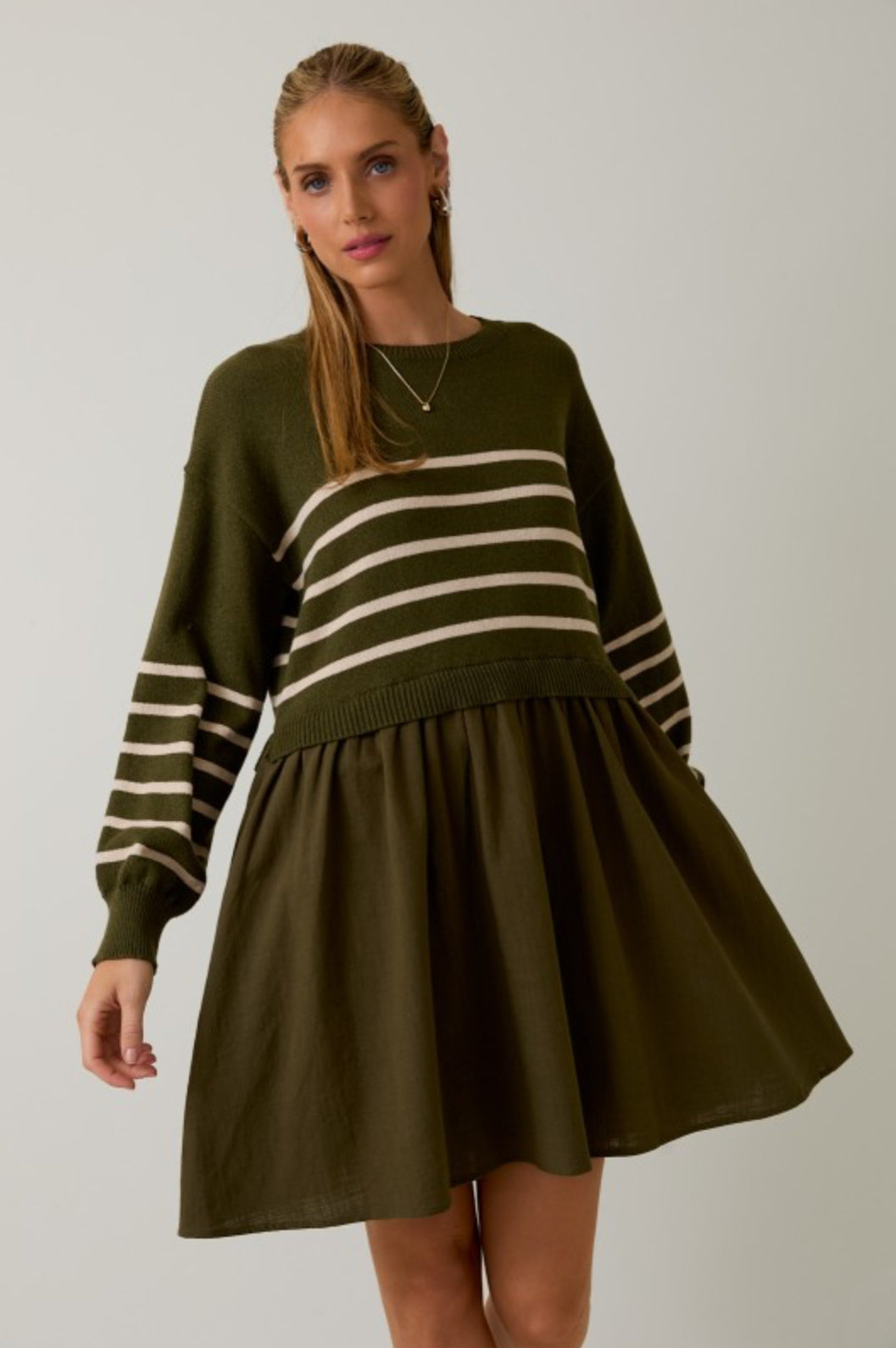 ZWD1044 Striped Knit and Woven Mix Mini Dress