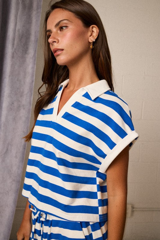PX19651 Striped Collared Top and Shorts Set