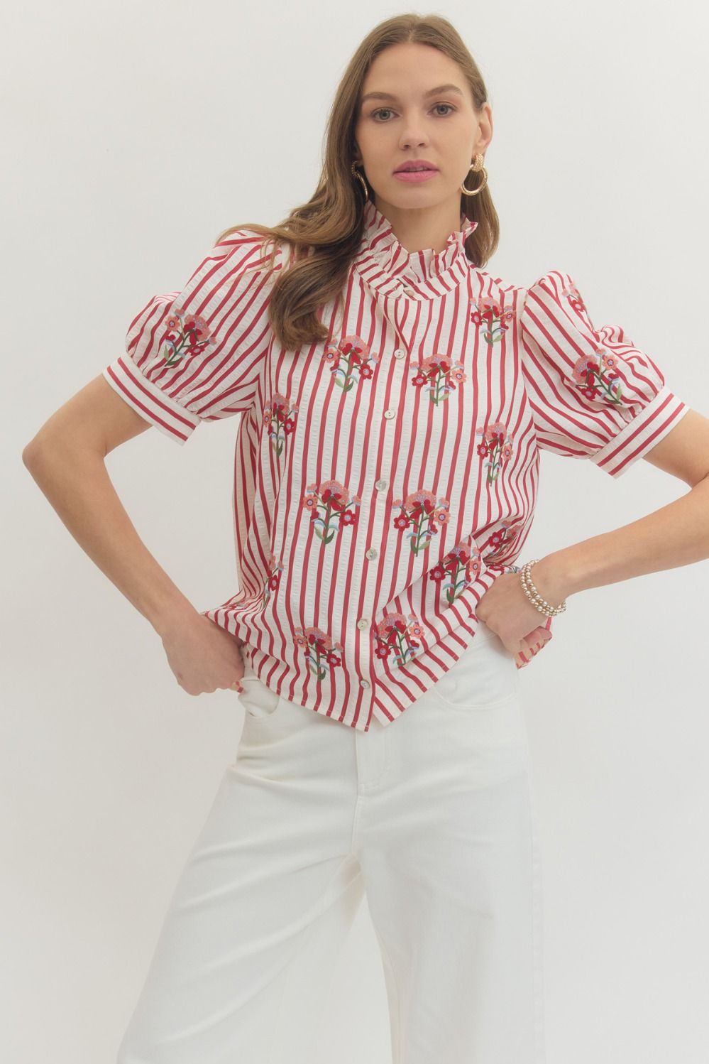 T29683 Striped Floral Embroidered Top