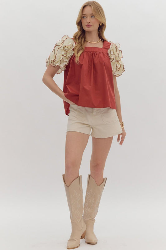 T23665 Ruffle Detailed Sleeve Top