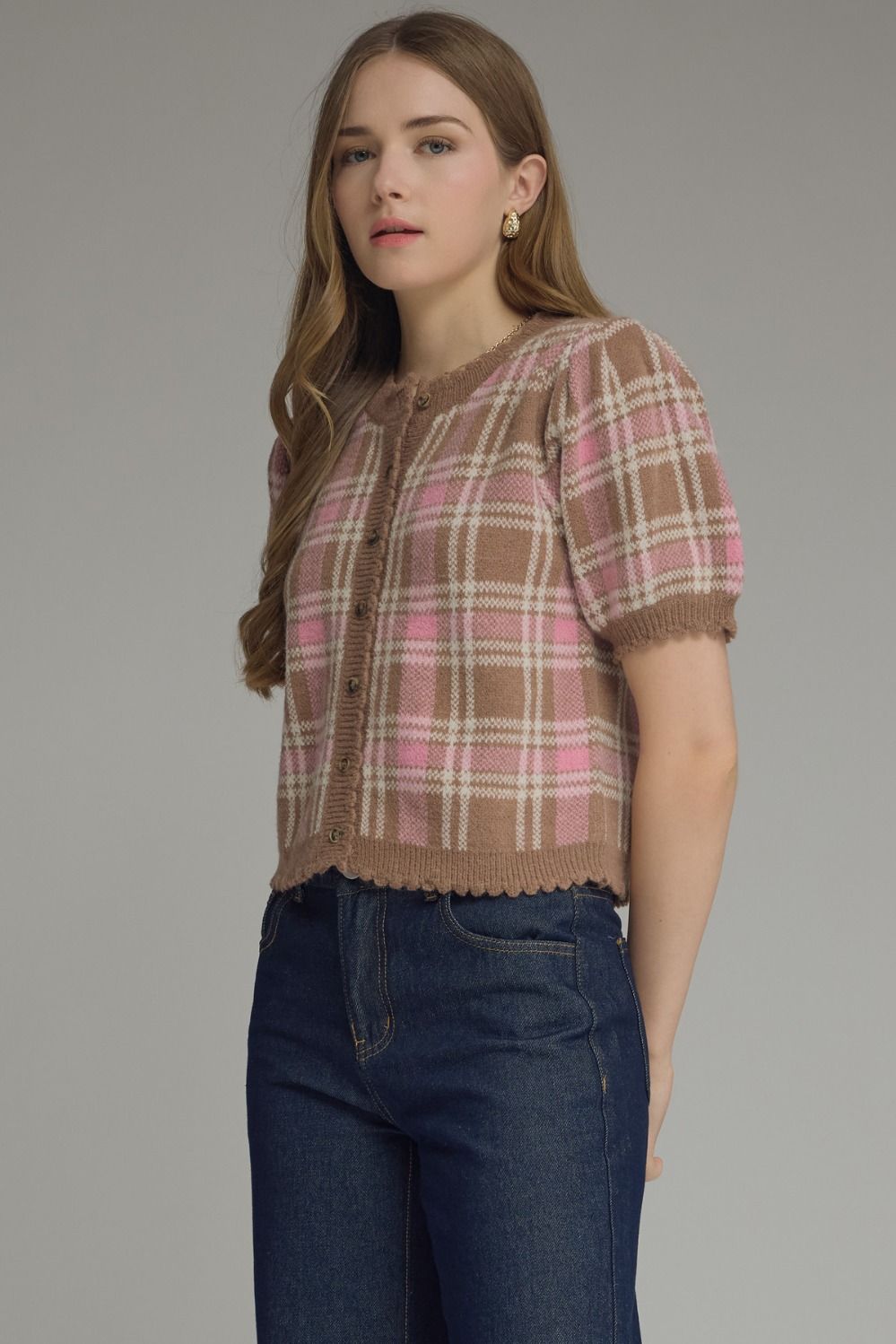 T32127 Plaid Sweater Top