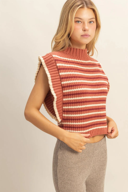 HF25E871 Chic Striped Mock Neck Sleeveless Sweater Vest