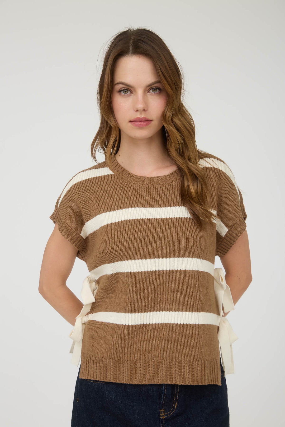 CR2704 Stripe Side Tie Short Sleeve Sweater