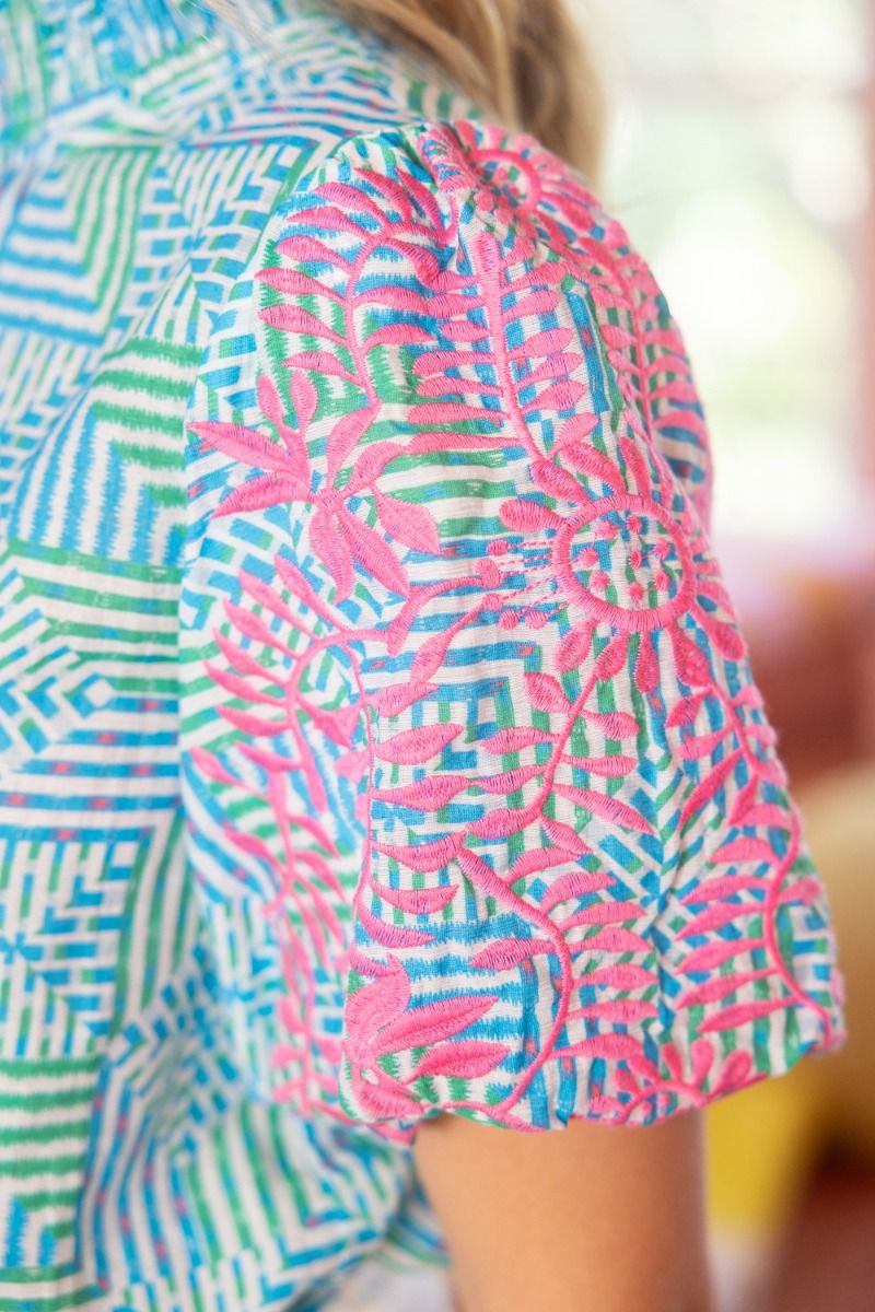 36395 Smocked Mock Neck Embroidered Sleeve Top