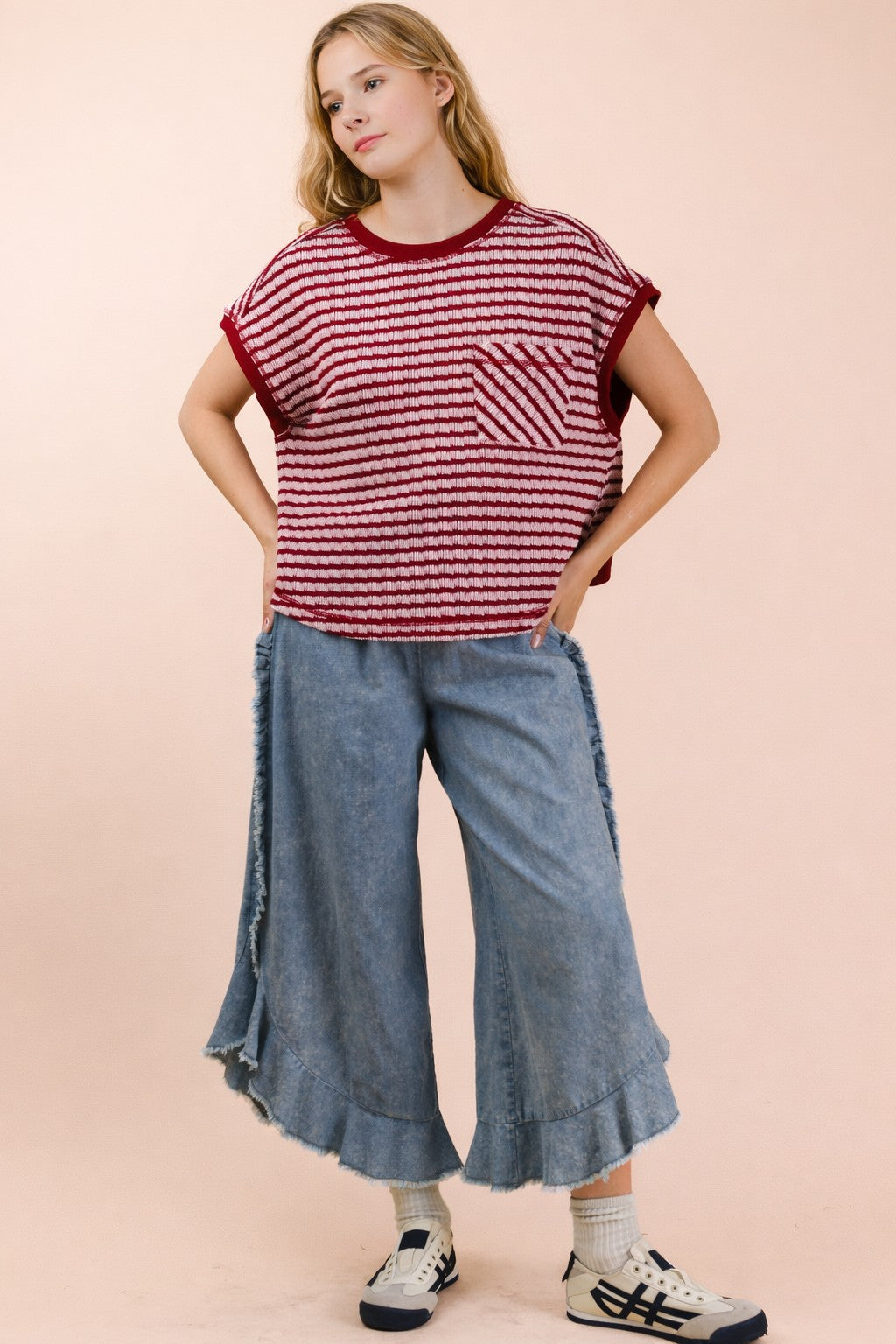 NT12605 Open Back Striped Textured Top
